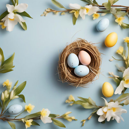 Easter wreath with eggs and flowers on blue background. Easter day. top viewの素材