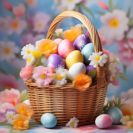 Floral ornament in a basket, easter eggs scattered, floral background. easter dayの素材