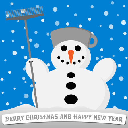 Christmas and New Year snowman with a broom and a pot on his headのイラスト素材