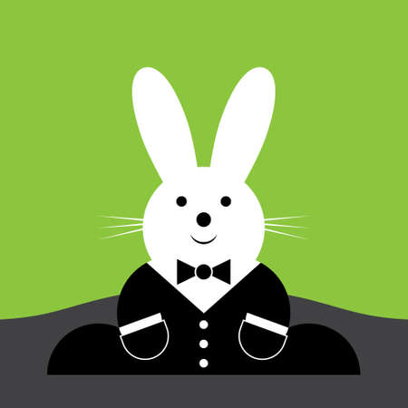 vector sitting smiling Easter bunny with suit and pockets on a green backgroundのイラスト素材