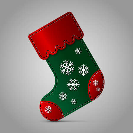 Christmas red and green sock with snowflakes on a light gray backgroundのイラスト素材
