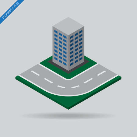isometric city - road with the dotted line and the buildingのイラスト素材