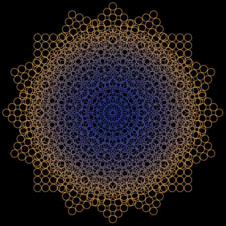 blue, orange geometric mandala on a black background