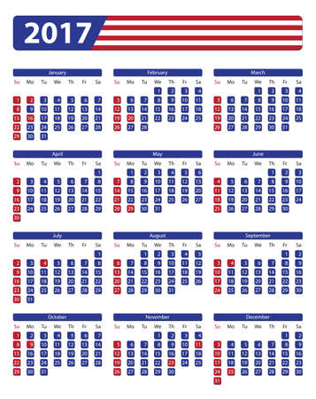 USA calendar 2017 with official holidays and non-working days - week starts on sundayのイラスト素材
