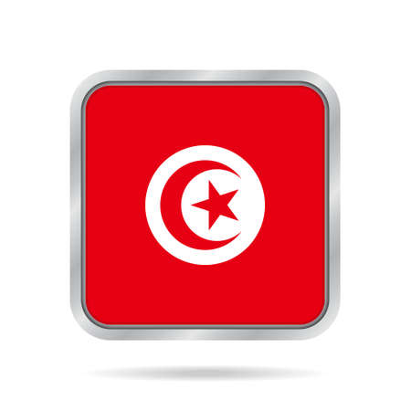 National flag of Tunisia. Shiny metallic gray square button with shadow.のイラスト素材