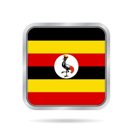 National flag of Uganda. Shiny metallic gray square button with shadow.のイラスト素材