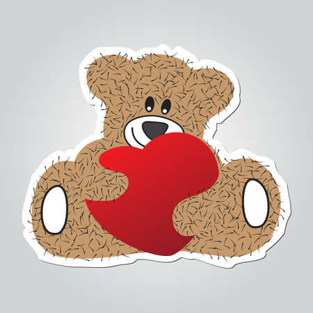 Sticker cartoon illustration - sitting and smiling brown, furry bear with red heart in the hands. White outline with shadow.のイラスト素材