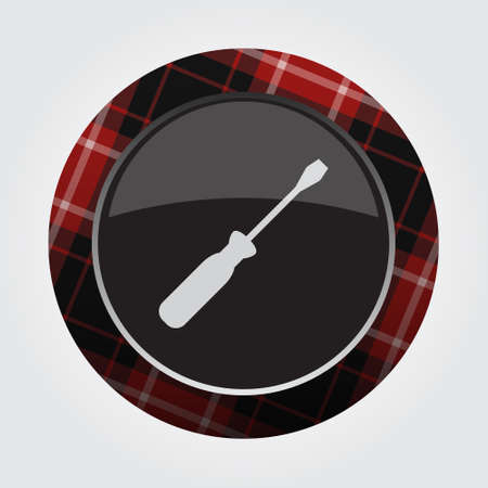 black isolated button with red, black and white tartan pattern on the border - light gray screwdriver icon in front of a gray backgroundのイラスト素材