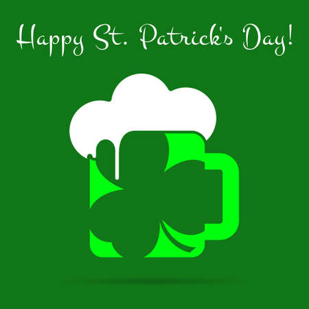 Saint Patricks Day square greeting card - light green glass of beer with clover, white froth and text in front of a dark green backgroundのイラスト素材