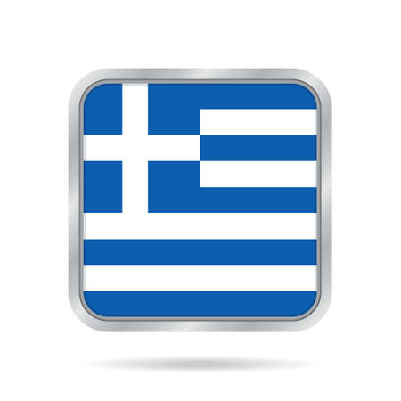 National flag of Greece. Shiny metallic gray square button with shadow.のイラスト素材