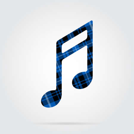 Blue, black isolated tartan icon with white stripes - musical note and shadow in front of a gray backgroundのイラスト素材