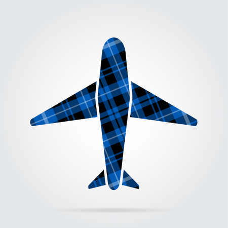 blue, black isolated tartan icon with white stripes - airplane and shadow in front of a gray backgroundのイラスト素材