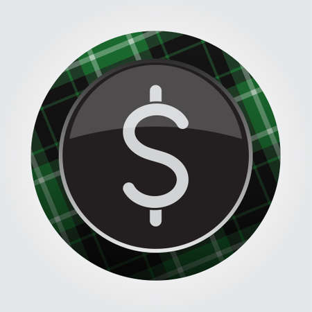 Black isolated button with green, black and white tartan pattern on the border.のイラスト素材