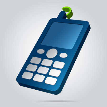 three dimensional illustration - blue old mobile phone, white buttons, display, antenna with green signal and shadow in front of a gray backgroundのイラスト素材