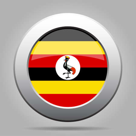 National flag of Uganda. Shiny metal gray round button with shadow.のイラスト素材