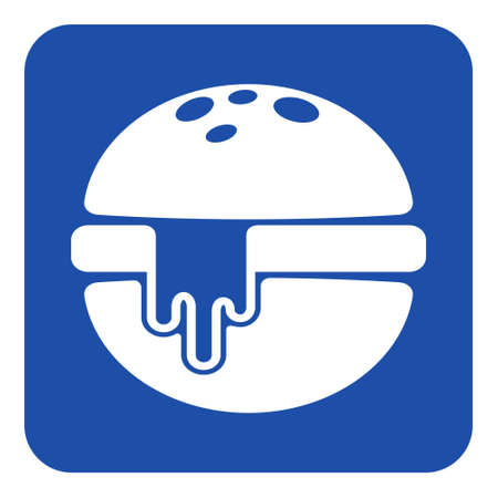 blue rounded square information road sign - white hamburger with melted cheese iconのイラスト素材
