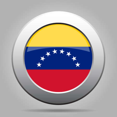 National flag of Venezuela. Shiny metal gray round button with shadow.のイラスト素材
