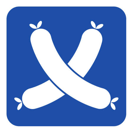 Creative blue rounded square information road sign with white two crossed sausages icon.のイラスト素材