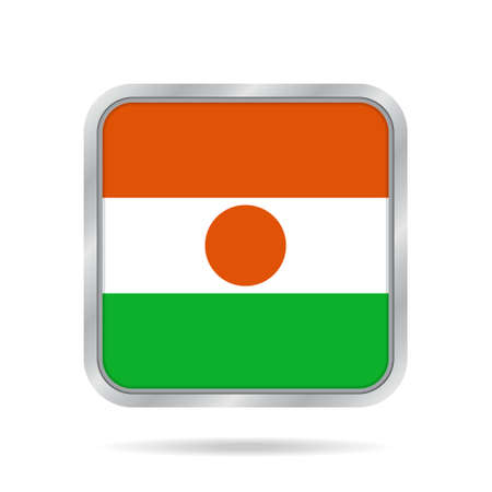 National flag of Niger. Shiny metallic gray square button with shadow.のイラスト素材