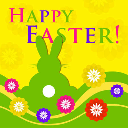 Easter colored greeting card - green rabbit with white tail, rear view with flowers, waves and text in front of a yellow background.のイラスト素材