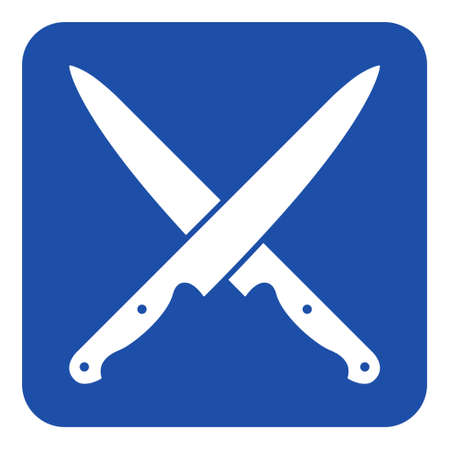 blue rounded square information road sign with white two crossed kitchen knives iconのイラスト素材
