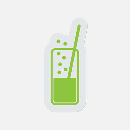 simple green icon with light gray contour and shadow - glass with carbonated drink and straw on a white backgroundのイラスト素材