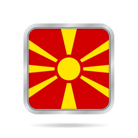 National flag of Macedonia. Shiny metallic gray square button with shadow.のイラスト素材