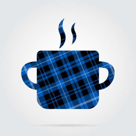 blue, black isolated tartan icon with white stripes - cooking pot with smoke and shadow in front of a gray backgroundのイラスト素材