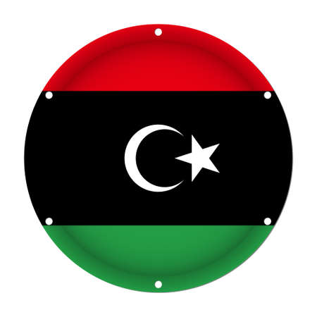 Round metallic flag of Libya with six screw holes in front of a white backgroundのイラスト素材
