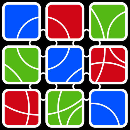 abstract illustration - nine colored square contours with white circles in front of a black backgroundのイラスト素材