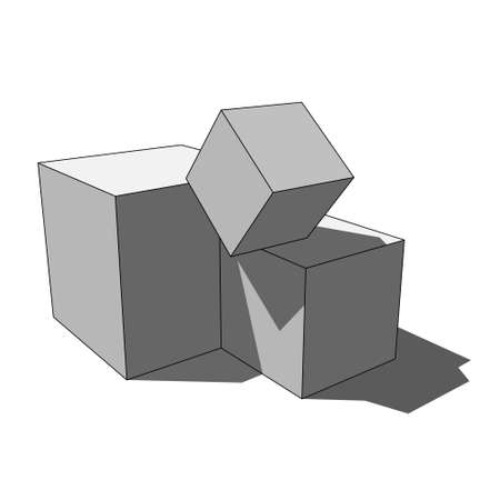 three dimensional illustration - three grayscale simple isolated scattered box cubes with shadow in front of a white backgroundのイラスト素材