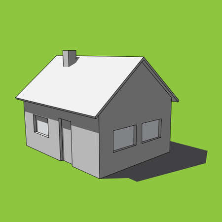 three dimensional illustration - grayscale simple isolated house with windows, door and chimney in front of a green backgroundのイラスト素材