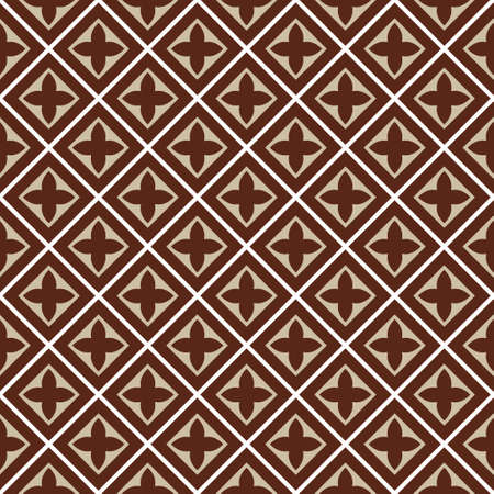 seamless illustration, brown, beige square tile pattern with cloverleafs and diagonal lines