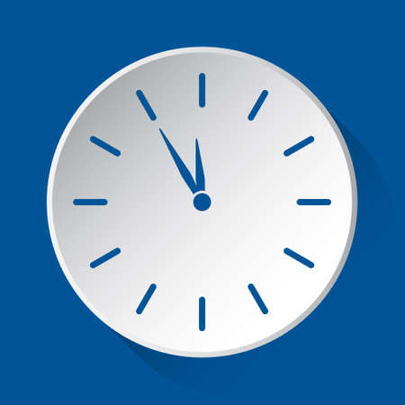 last minute clock - simple blue icon on white button with shadow in front of blue square backgroundのイラスト素材
