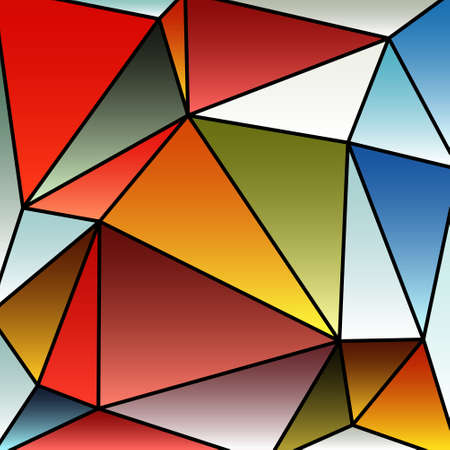 triangular multicolor abstract stained glass grid with black outline in shades of red, blue, yellow,...