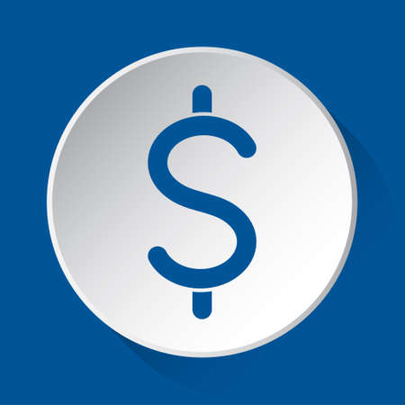 dollar currency symbol - simple blue icon on white button with shadow in front of blue square backgroundのイラスト素材