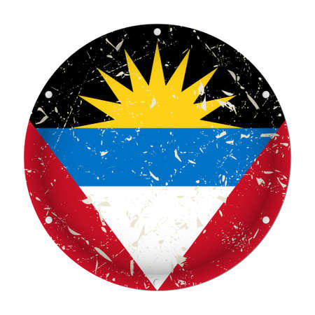 Antigua and Barbuda - round metallic scratched flag with six screw holes in front of a white backgroundのイラスト素材