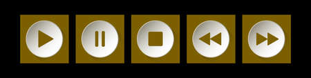 gold, white square music control buttons set - five icons with shadows in front of a black backgroundのイラスト素材