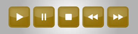 gold, white square music control buttons set - five icons with shadows in front of a silver...