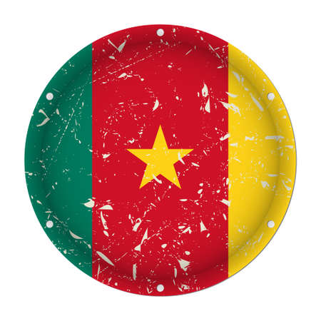 Cameroon - round metallic scratched flag with six screw holes in front of a white backgroundのイラスト素材
