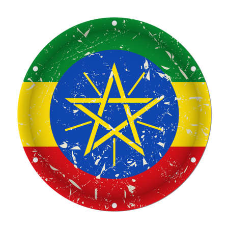 Ethiopia - round metallic scratched flag with six screw holes in front of a white backgroundのイラスト素材