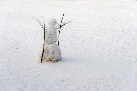 Snow man smiling with stones during winter season