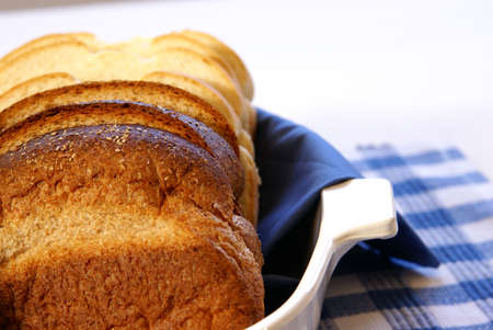 Sliced bread in blue napkin