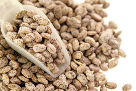 Scoop of dried pinto beans laying on a pile of beansの写真素材