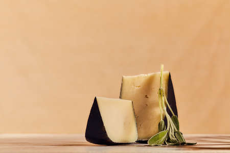head of hard cheese with a sprig of sageの写真素材