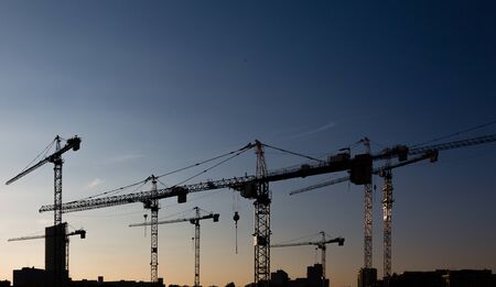 Many cranes on building side in sunset light