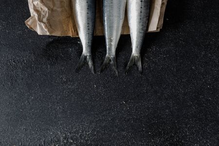 Still life sardines on dark rustic background in natural light, top viewの写真素材