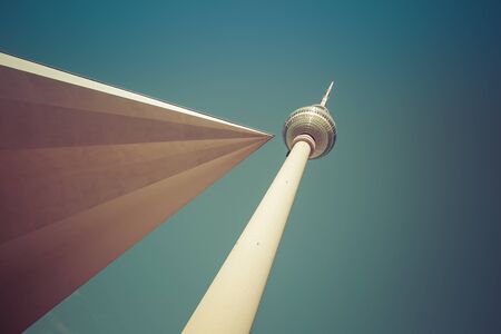 Fernsehturm TV tower at Alexanderplatz in Berlin. 10th October 2015. Bottom low perspective with cross angleのeditorial素材