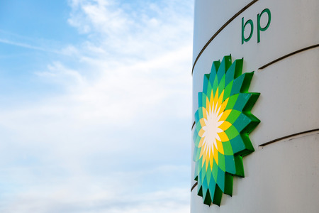 BP display stand with company redesign logo at petrol station in Woking, Surrey, UK. State per 06/05/2016のeditorial素材
