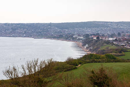 Swanage, Dorset, England, UK, panoramic view from a hill, hiking trail to Old Harry Rocksの写真素材